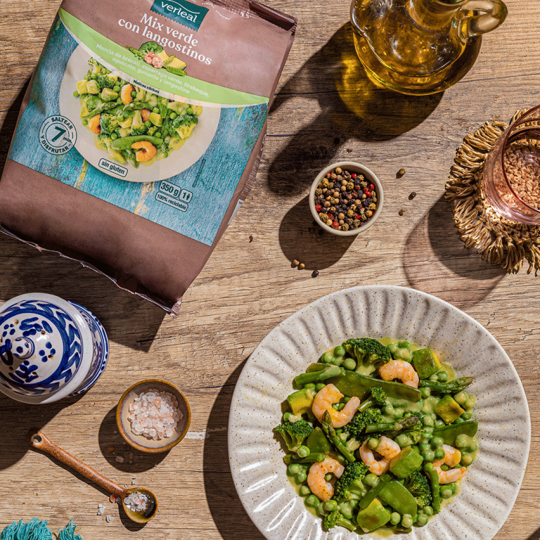 Receta con plato preparado de Mix verde con langostinos de Verleal